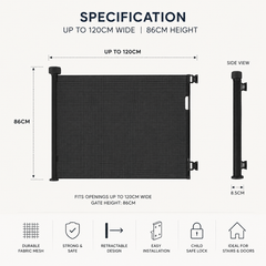 Retractable Fabric Stair Gate – Black, Up to 120cm Wide