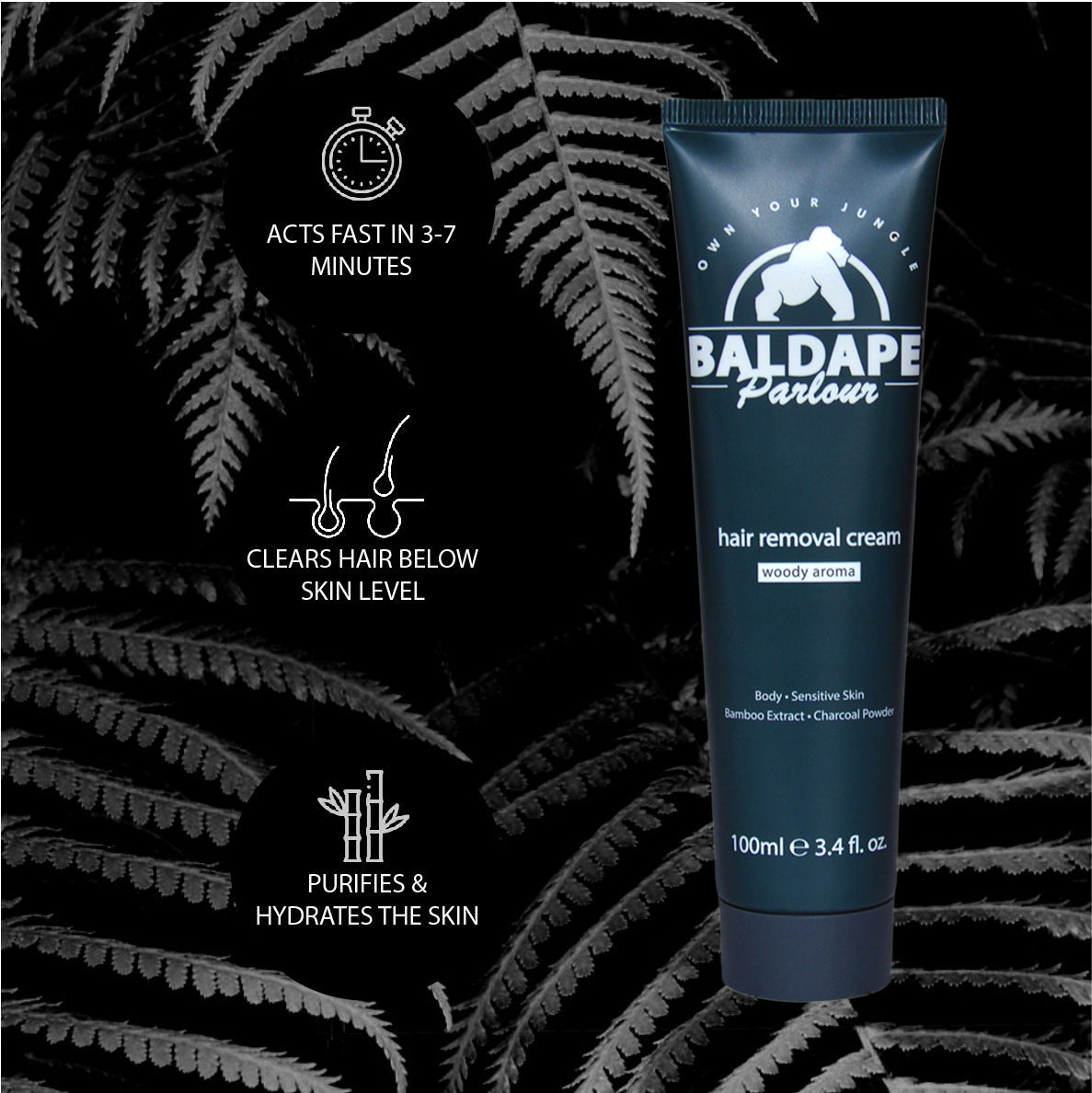 Charcoal Hair Removal Cream for Men – All Body, Works in 3–7 Minutes