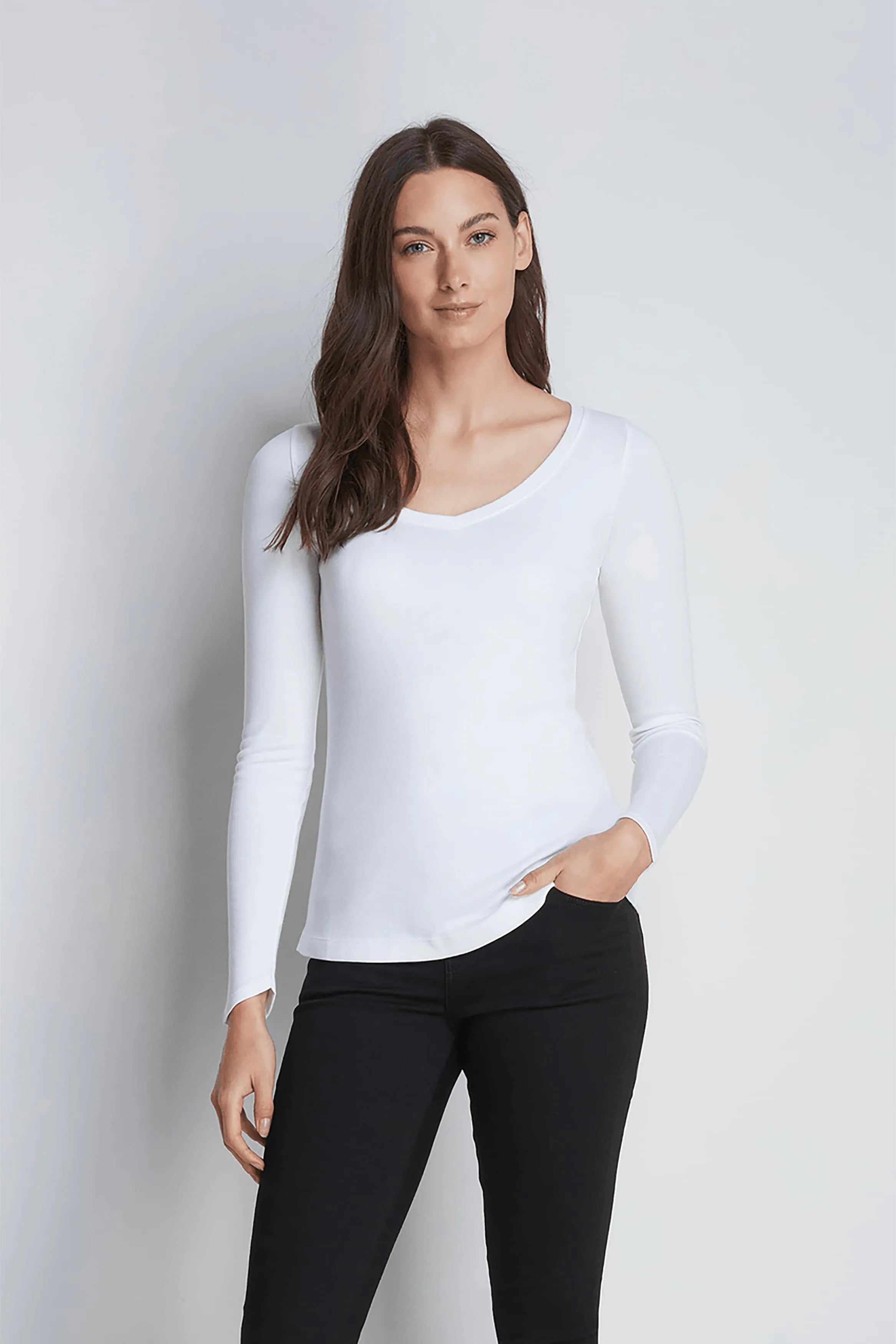 Women's Long Sleeve V-Neck T-Shirt – Cotton Modal, UK 8-16