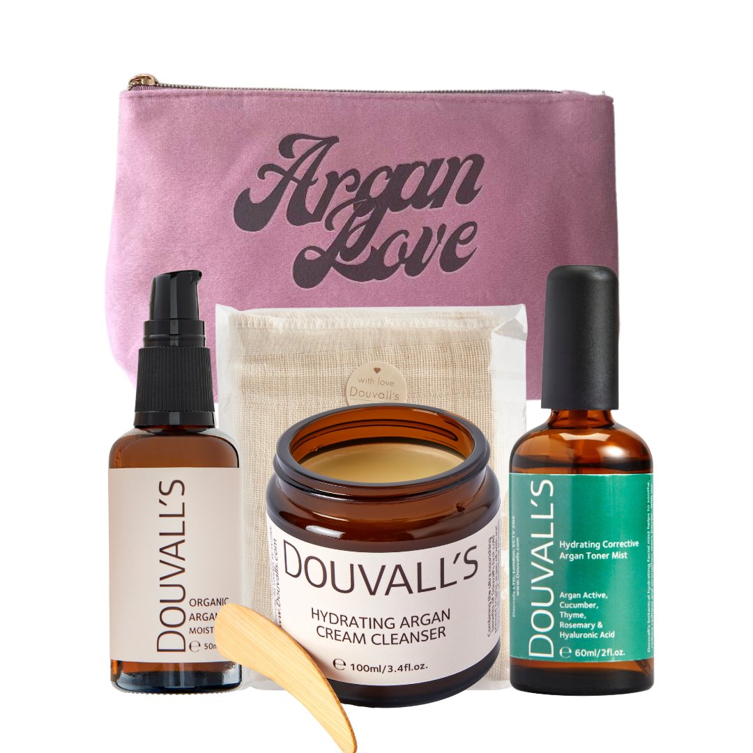 Argan Love Essentials Set – Cleanser, Argan Oil, Toner & Muslin in Wash Bag