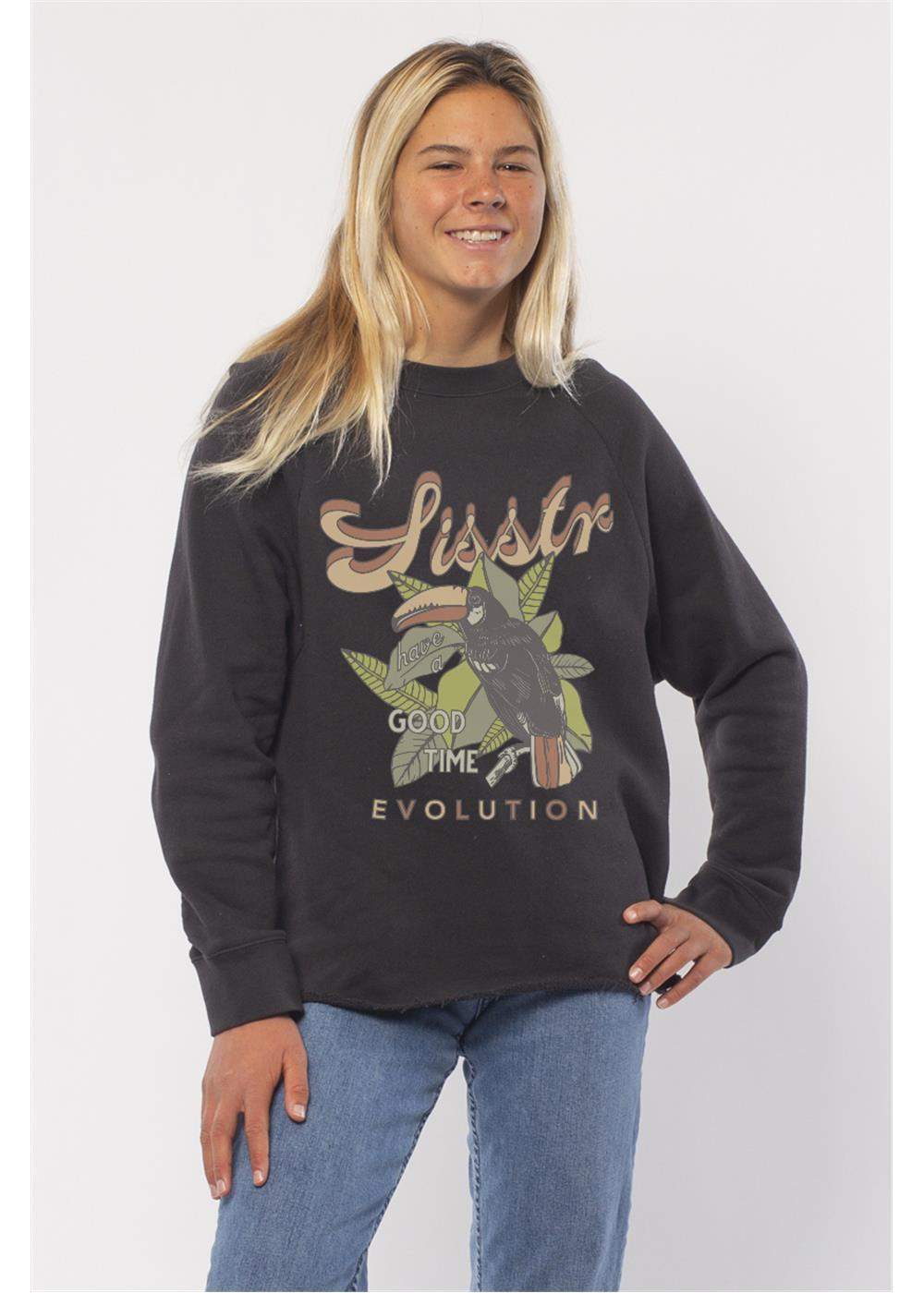 Sisstrevolution Women's Tropical Toucan Crew Sweatshirt, Cotton Blend