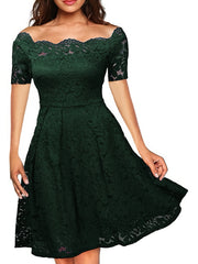 Elegant Off-Shoulder Lace A-Line Dress – Short Sleeve & All-Season