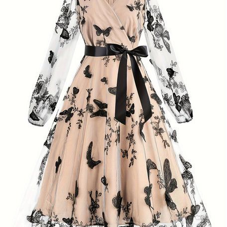 Elegant Butterfly Print Tulle Dress – V-Neck & Waistband