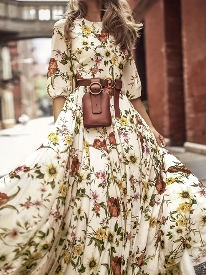 Vibrant Floral Maxi Swing Dress, Elegant & Comfortable