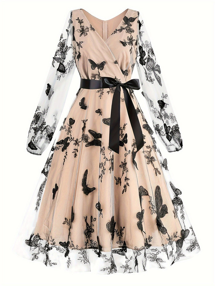 Elegant Butterfly Print Tulle Dress, V-Neck & Waistband