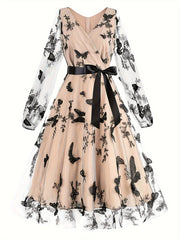 Elegant Butterfly Print Tulle Dress – V-Neck & Waistband