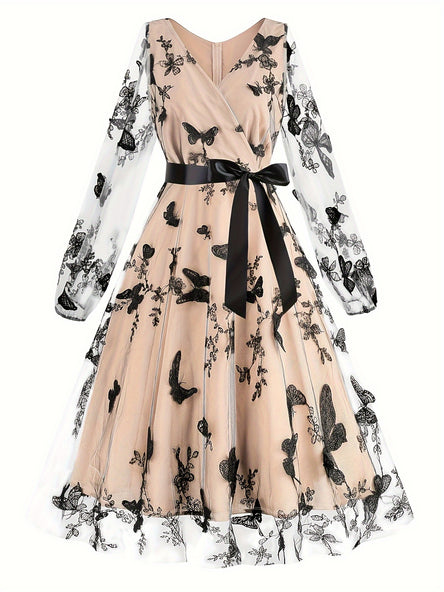 Elegant Butterfly Print Tulle Dress – V-Neck & Waistband