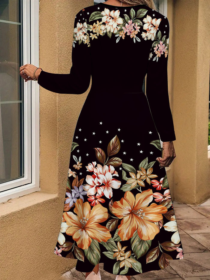 Floral Long Sleeve Fit & Flare Dress, Crew Neck & Stretch Fabric, image 2