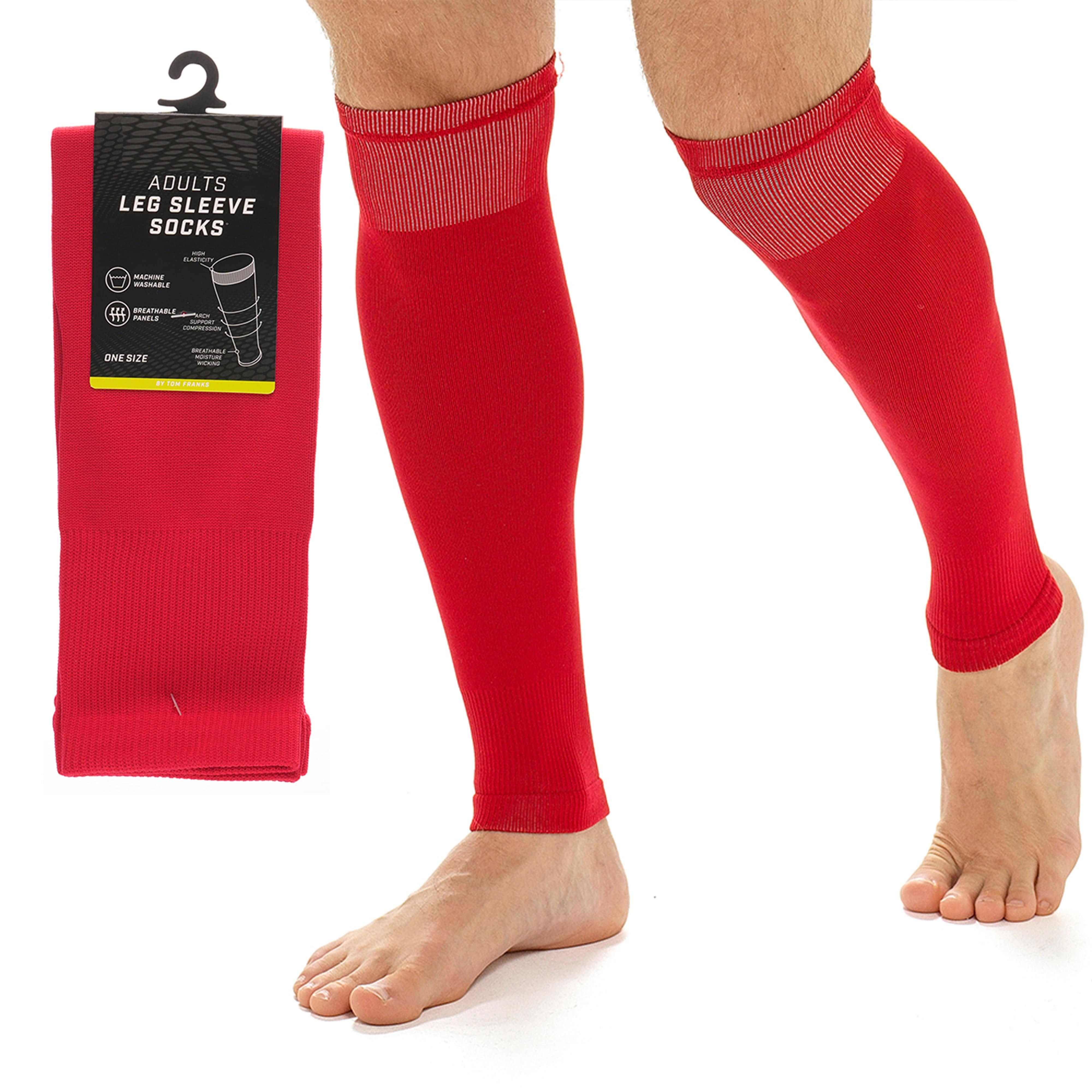 Adults Unisex Red Football Leg Sleeve Socks Compression Support Over Shin Pads