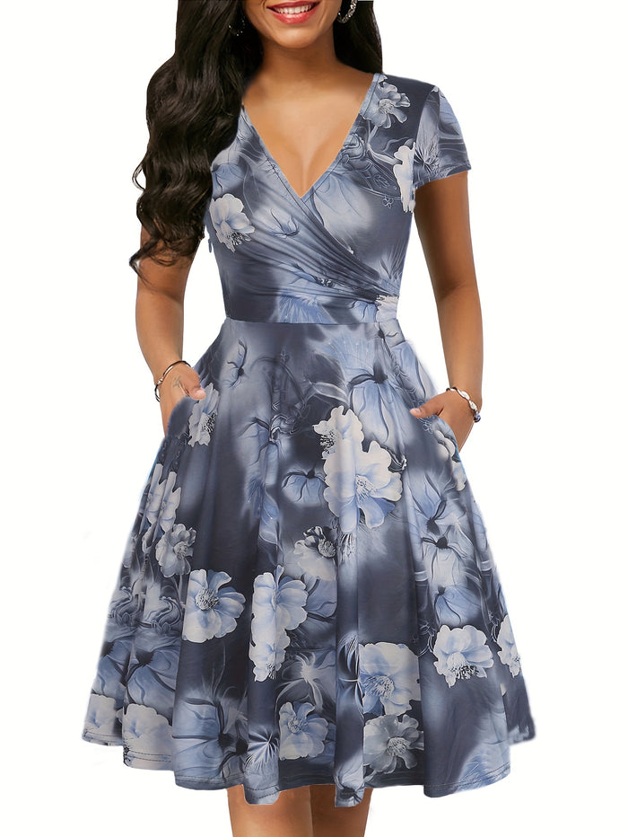 Vintage Chic A-Line Dress, Surplice Neck & Dual Pockets
