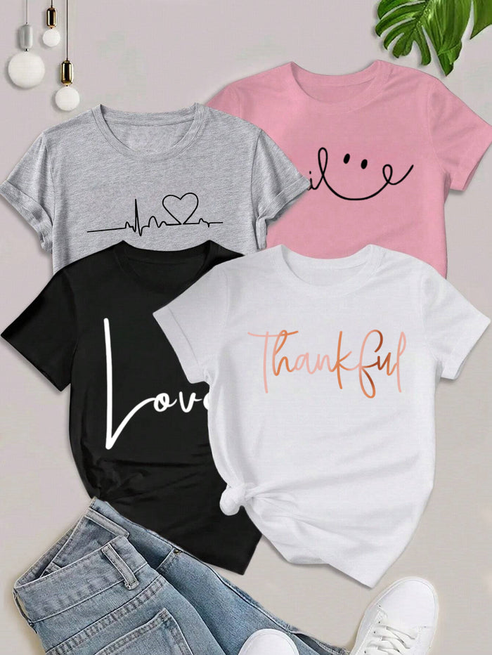 4-Pack Girls' Geometric Print Crew Neck T-Shirts, Casual & Stylish