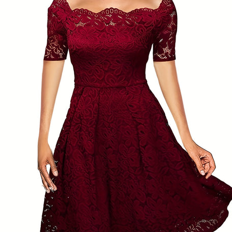 Elegant Off-Shoulder Lace Dress – A-Line & Short Sleeve