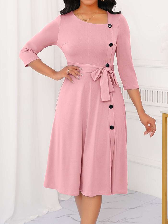 Elegant Belted Midi Dress, Asymmetric Neck & Three-Quarter Sleeves, image 2