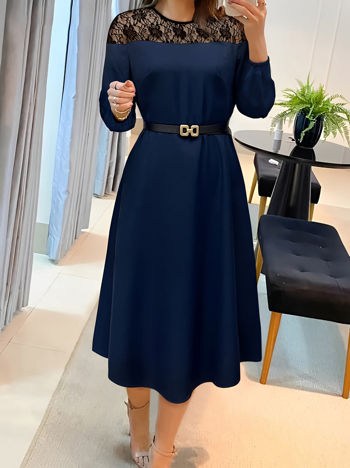 Elegant Lace-Trimmed Long Sleeve Dress with Belt