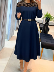 Elegant Lace-Trimmed Long Sleeve Dress with Belt