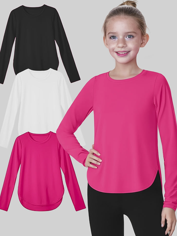 3-Pack Girls' Quick-Dry Crew Neck T-Shirts, Lightweight & Stretchy