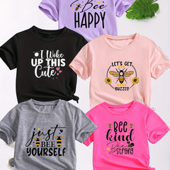 5-Pack Girls' Summer T-Shirts – Cute Bee & Letter Print Crew Neck Tees