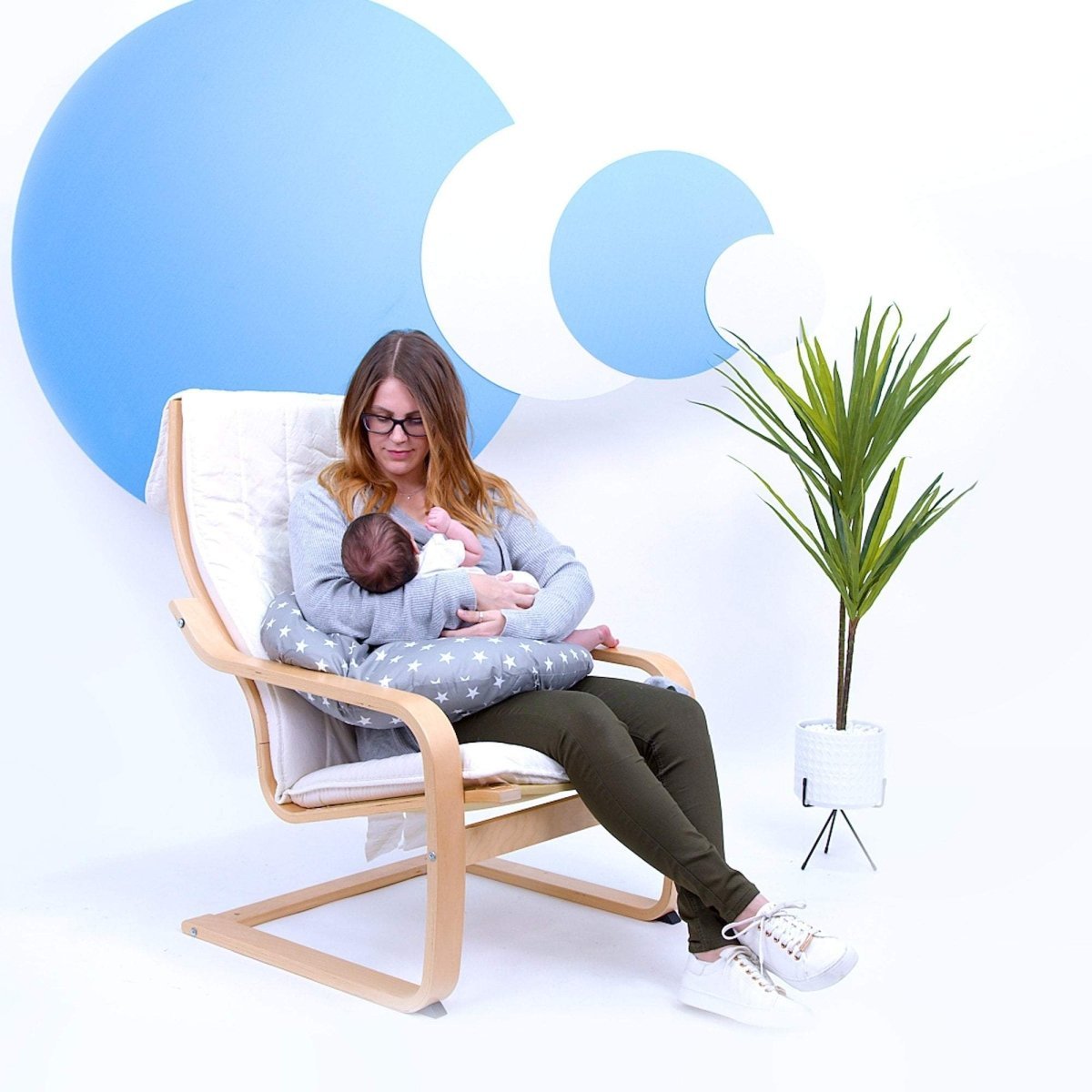 Nursing Pillow – Grey Stars, Breastfeeding Support with Washable Cover