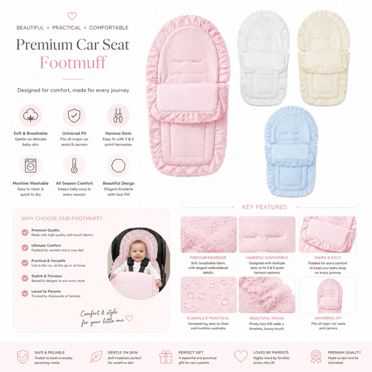Broderie Anglaise Car Seat Footmuff – Universal Cosy Toes