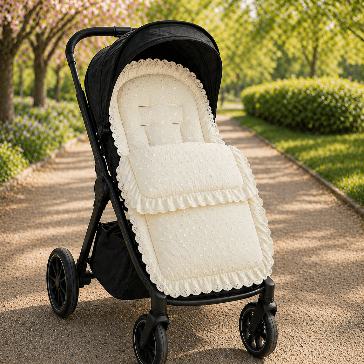 Broderie Anglaise Pushchair Footmuff – Fits All Prams & Buggies