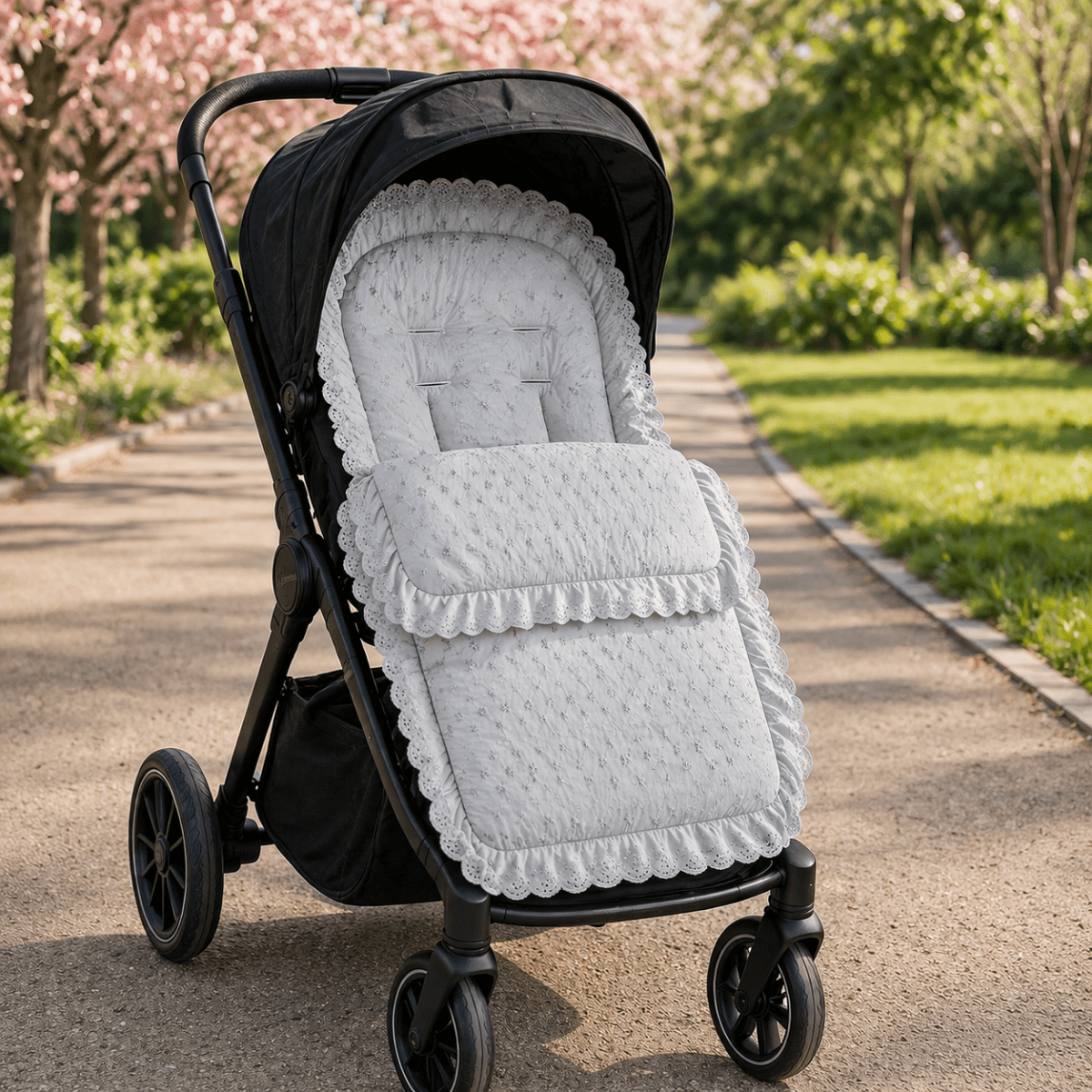 Broderie Anglaise Pushchair Footmuff – Fits All Prams & Buggies