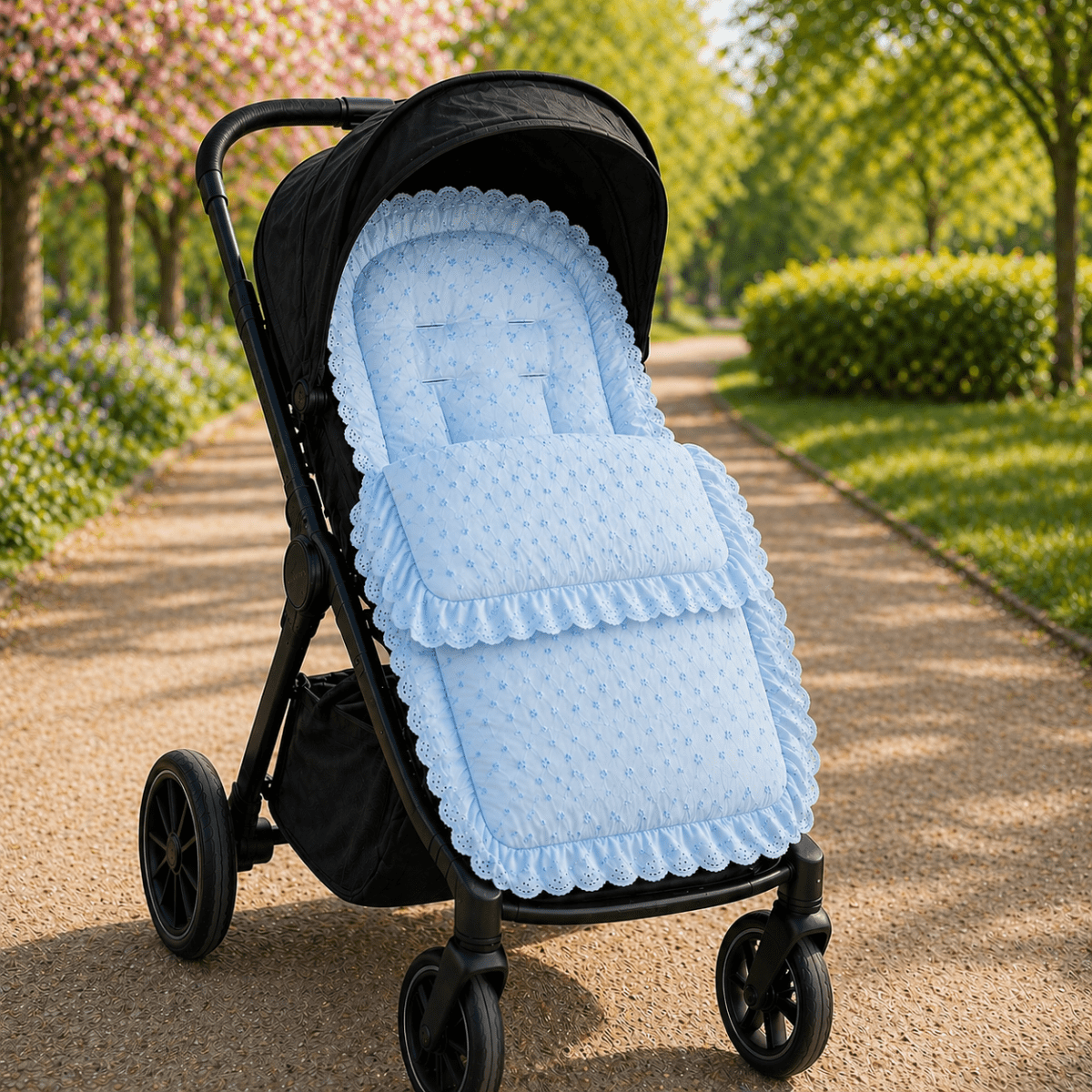 Broderie Anglaise Pushchair Footmuff – Fits All Prams & Buggies
