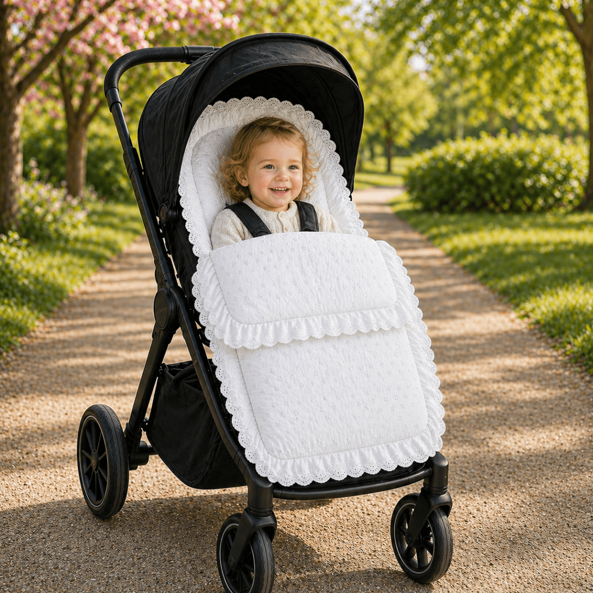Broderie Anglaise Pushchair Footmuff – Fits All Prams & Buggies