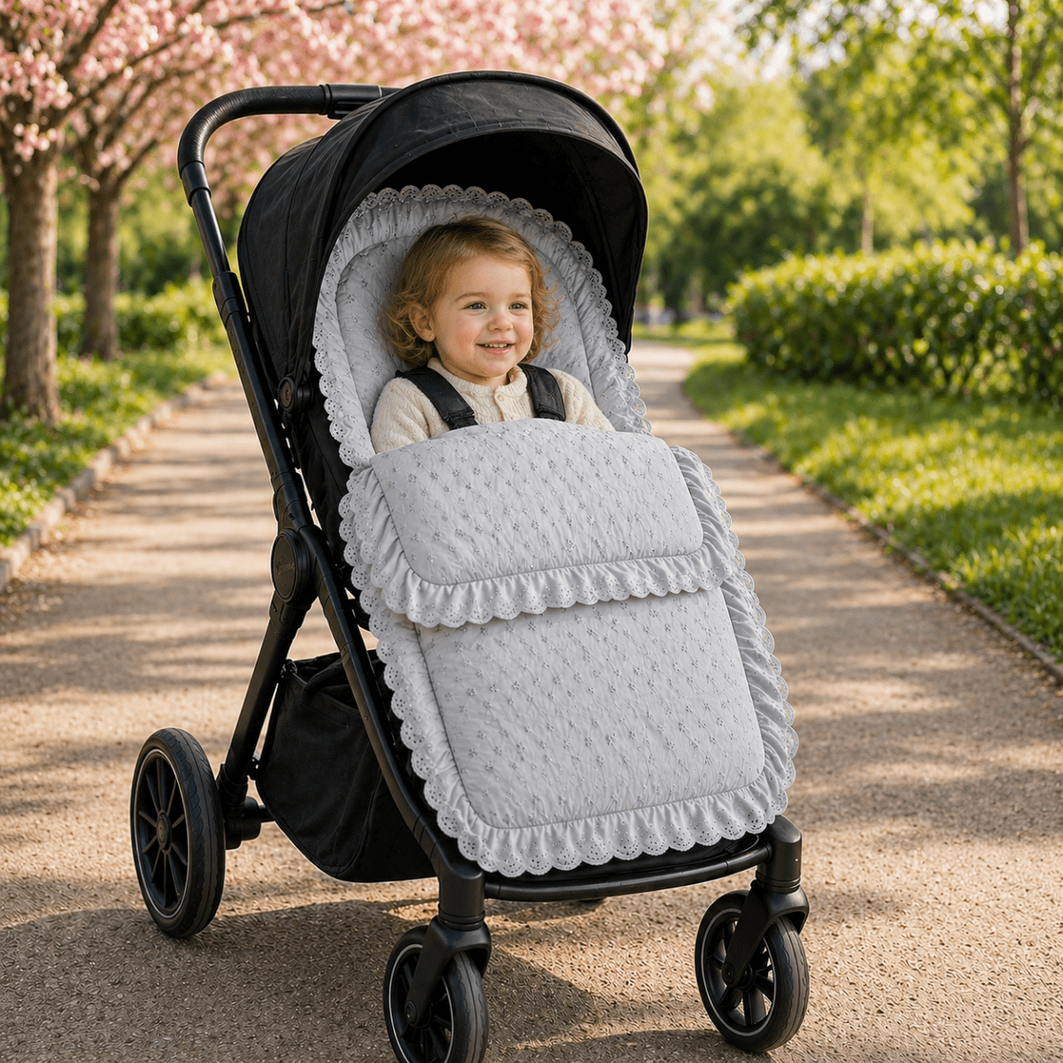 Broderie Anglaise Pushchair Footmuff – Fits All Prams & Buggies
