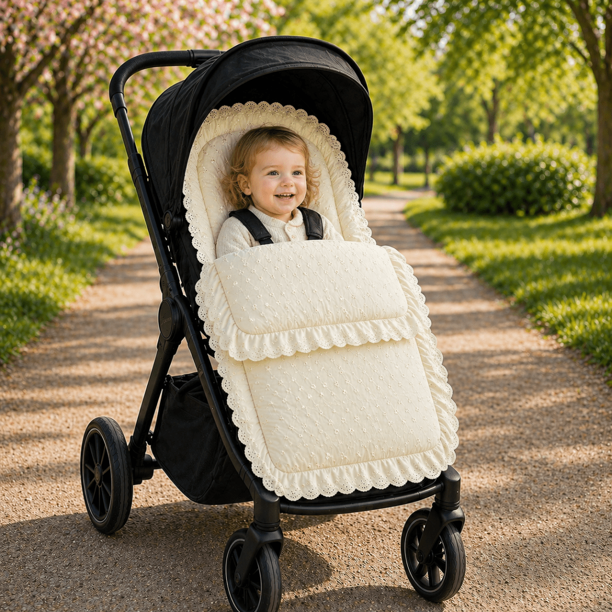 Broderie Anglaise Pushchair Footmuff – Fits All Prams & Buggies