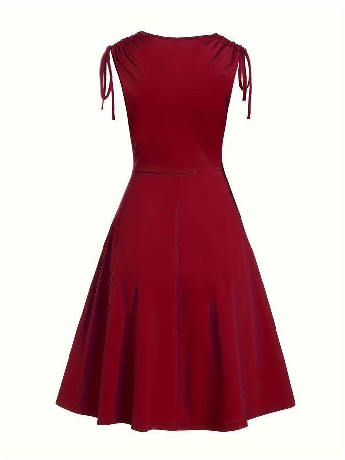 Elegant Red Midi Dress, Cowl Neck & Ruched Shoulders, image 2