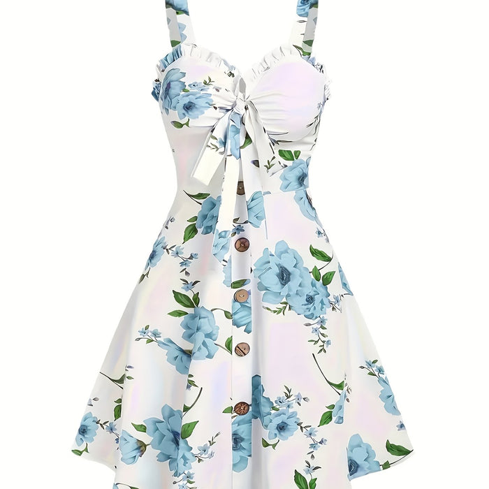 Elegant Floral V-Neck Cami Dress, Sleeveless & Flared, Sky Blue
