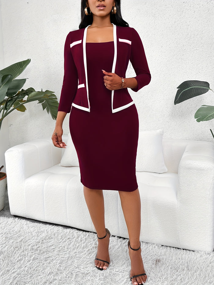 Elegant Colour Block Pencil Dress, 2-in-1 Splice Trim Design, image 2