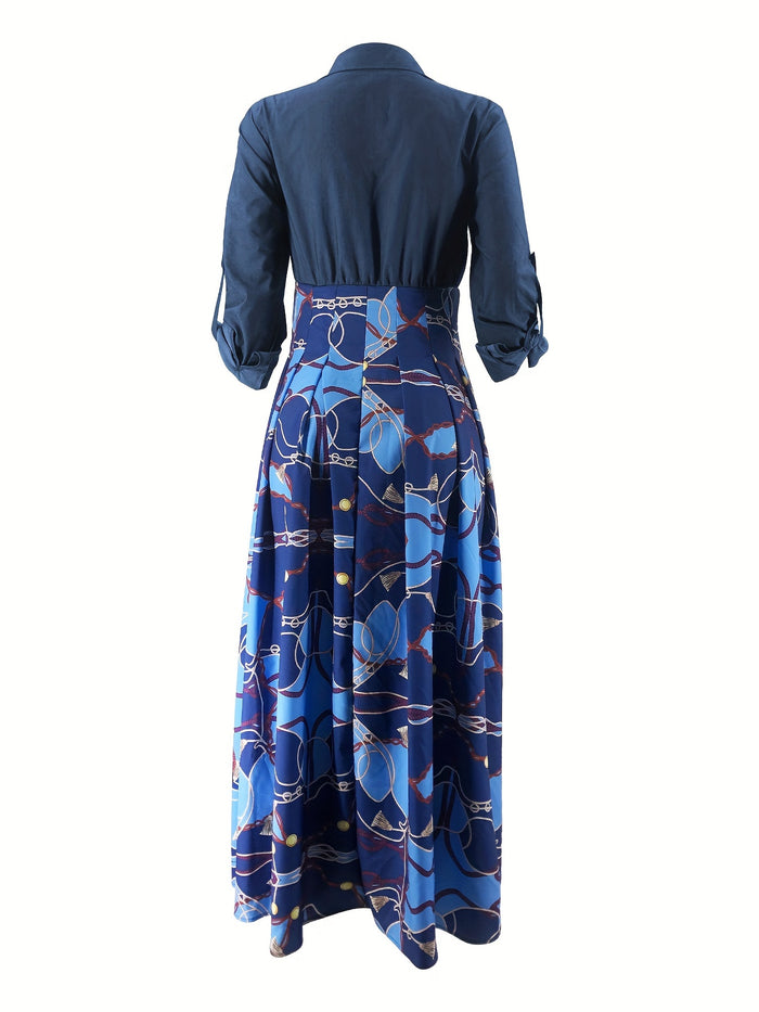 Button-Front Flared Maxi Dress, Roll-Up Sleeves & Colour Block, image 2