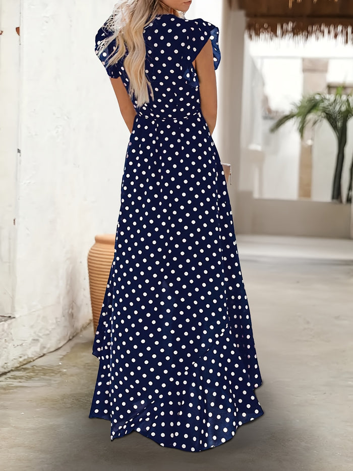 Elegant Polka Dot Ruffle Dress, V-Neck & Irregular Hem, image 2