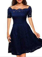 Elegant Off-Shoulder Lace A-Line Dress – Short Sleeve & All-Season