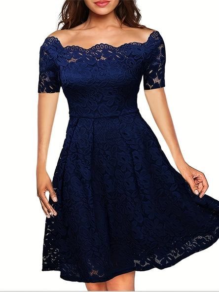 Elegant Off-Shoulder Lace A-Line Dress – Short Sleeve & All-Season