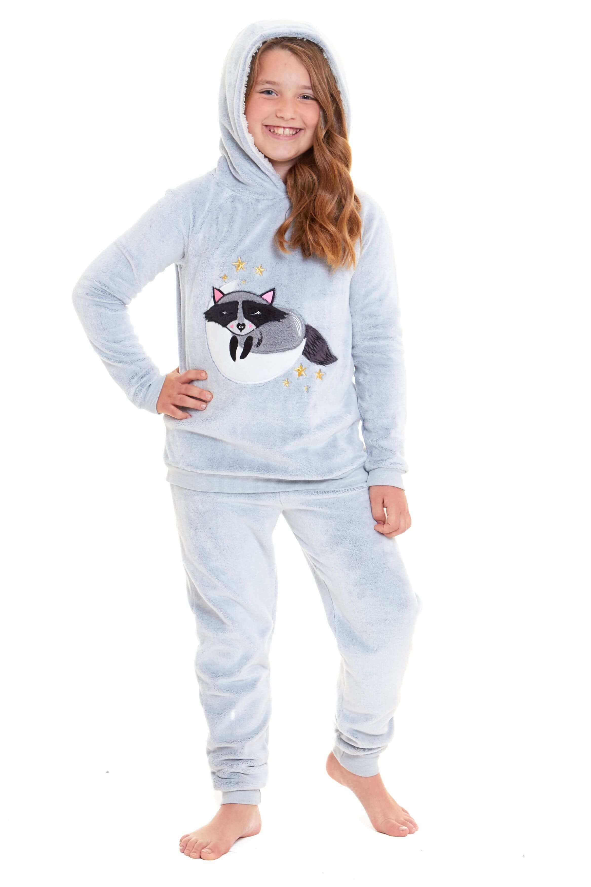 Cuddly Raccoon Fleece Hooded Pyjama Set For Women's And Girls' Sherpa Lined