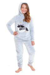 Cuddly Raccoon Fleece Hooded Pyjama Set For Women's And Girls' Sherpa Lined