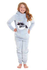 Cuddly Raccoon Fleece Hooded Pyjama Set For Women's And Girls' Sherpa Lined