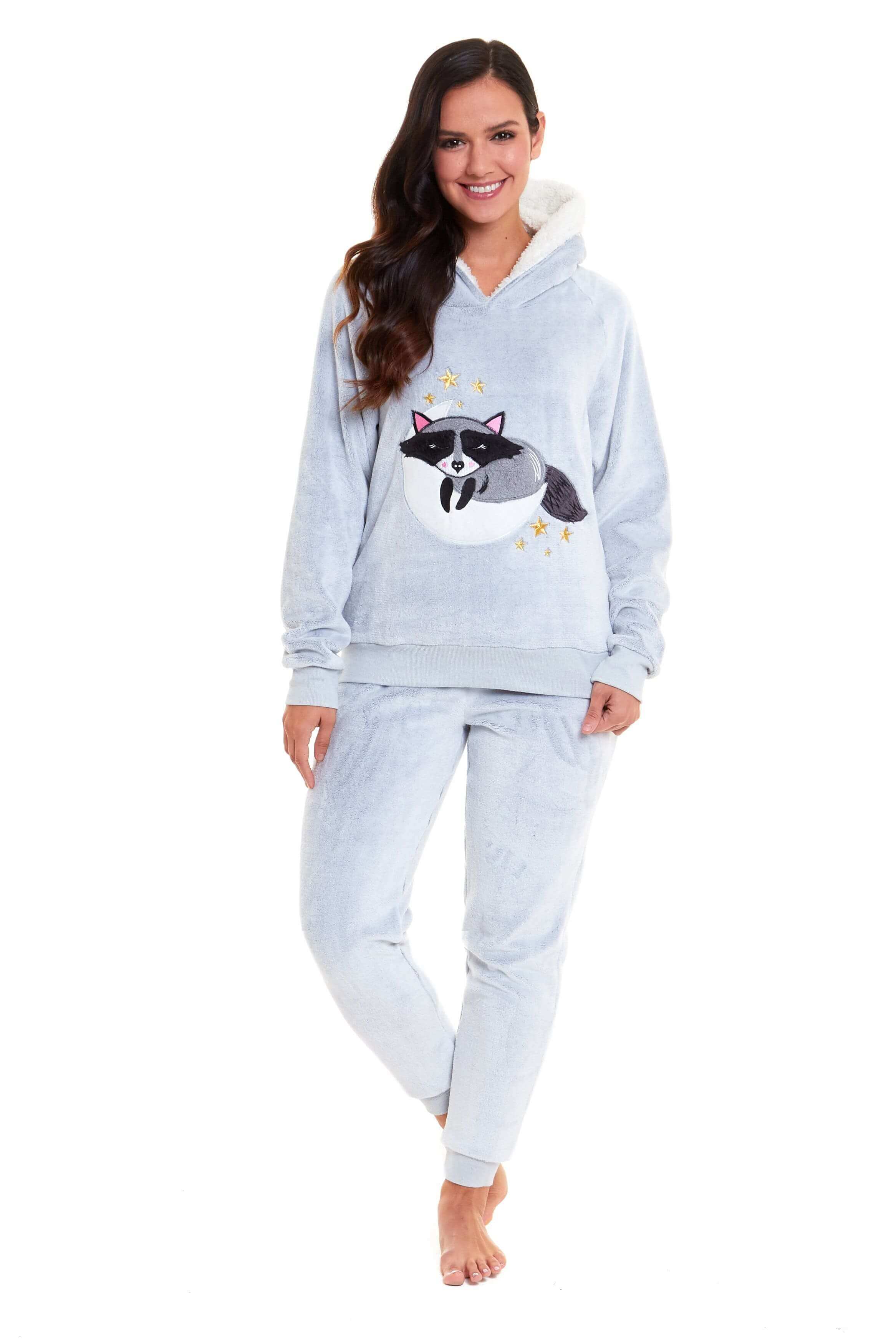 Cuddly Raccoon Fleece Hooded Pyjama Set For Women's And Girls' Sherpa Lined