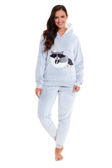Cuddly Raccoon Fleece Hooded Pyjama Set For Women's And Girls' Sherpa Lined