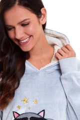 Cuddly Raccoon Fleece Hooded Pyjama Set For Women's And Girls' Sherpa Lined
