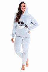 Cuddly Raccoon Fleece Hooded Pyjama Set For Women's And Girls' Sherpa Lined