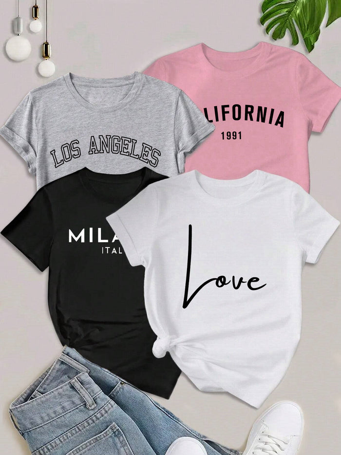 4-Pack Girls' Graphic Print T-Shirts, Trendy Summer Tees