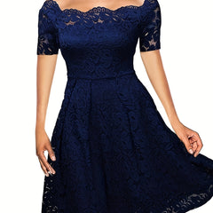 Elegant Off-Shoulder Lace A-Line Dress – Short Sleeve & All-Season