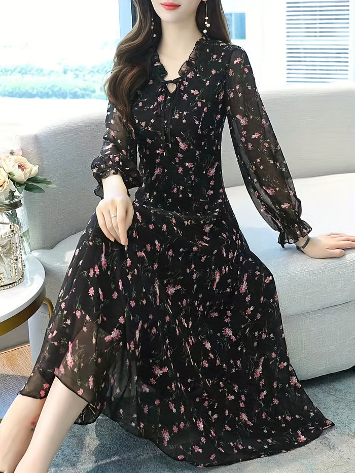 Elegant Ditsy Floral Midi Dress, V-Neck & Lantern Sleeves, image 2