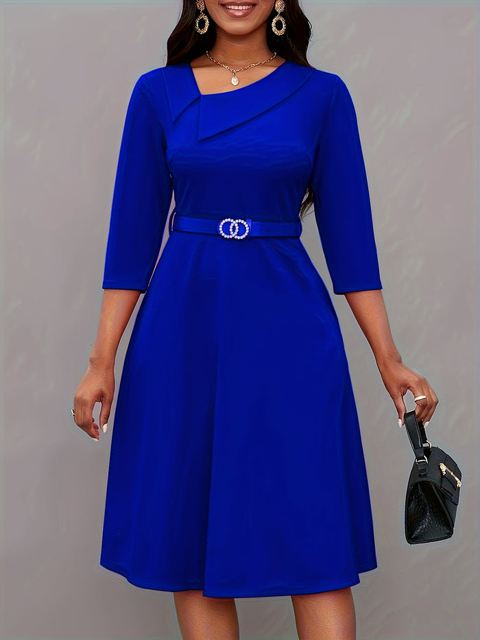 Elegant Royal Blue Off-Shoulder Midi Dress, Belted & Pleated Design, image 2