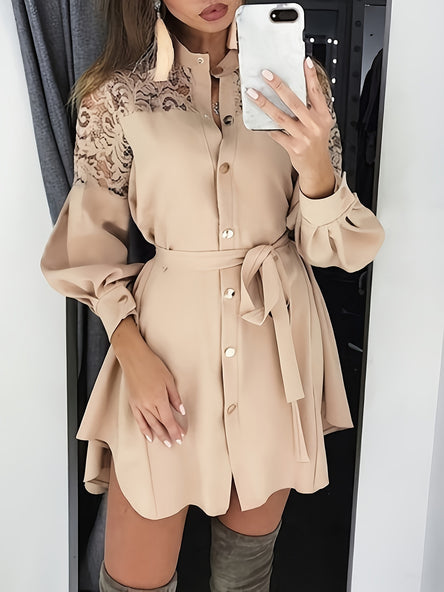 Elegant Long-Sleeve Lace Dress – Buttoned Waist Tie