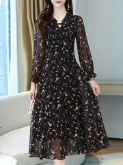Elegant Ditsy Floral Midi Dress – V-Neck & Lantern Sleeves