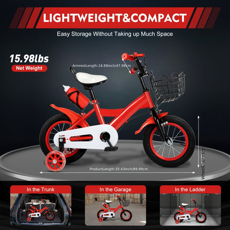 OUKANING 12-Inch Kids' Bicycle – Sturdy Red Bike with Dual Brakes & Training Wheels